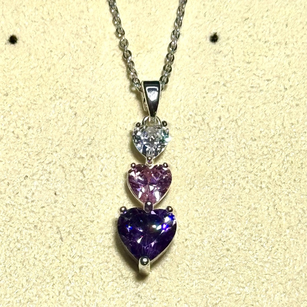 Pink Purple Triple Crystal Heart Pendant Made with Swarovski Crystals 16-18 inch